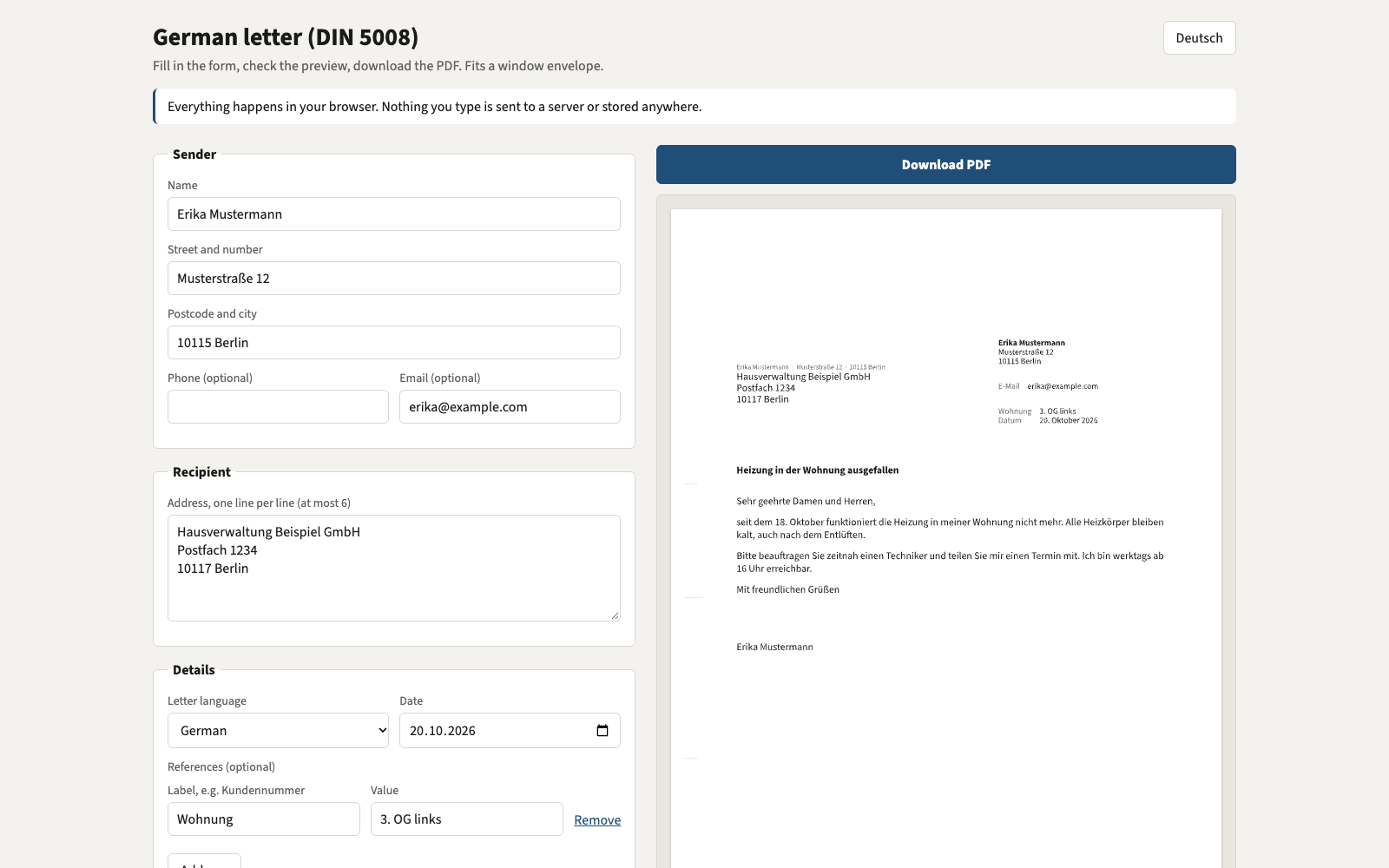 The German Letter form beside a live DIN 5008 preview of a sample letter