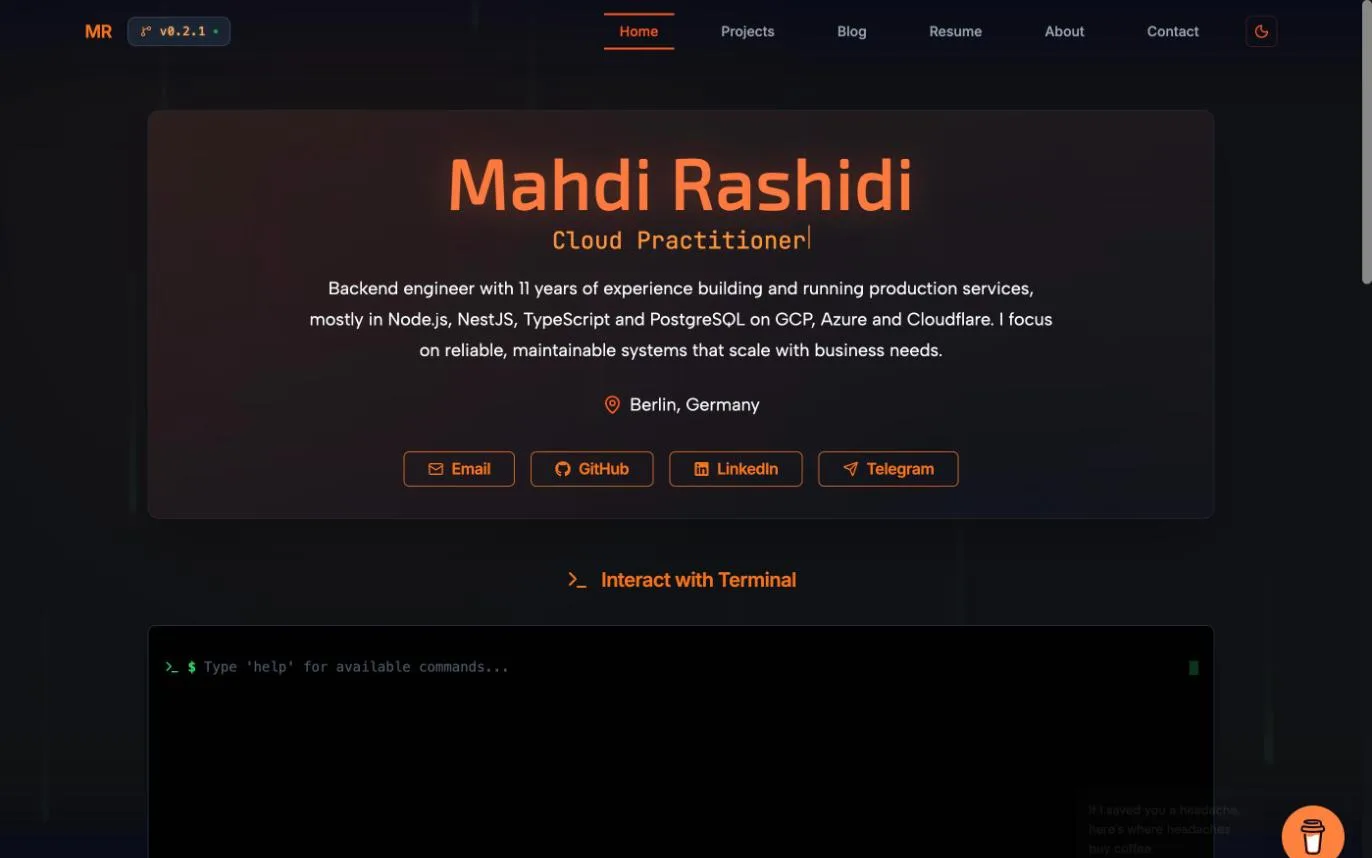 The mrashidi.me homepage with its terminal