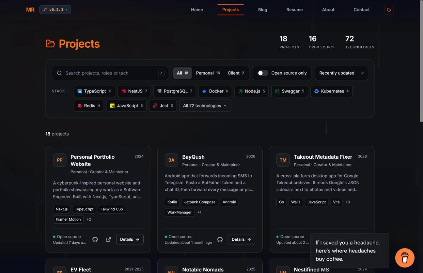 The project catalogue with search and stack filters