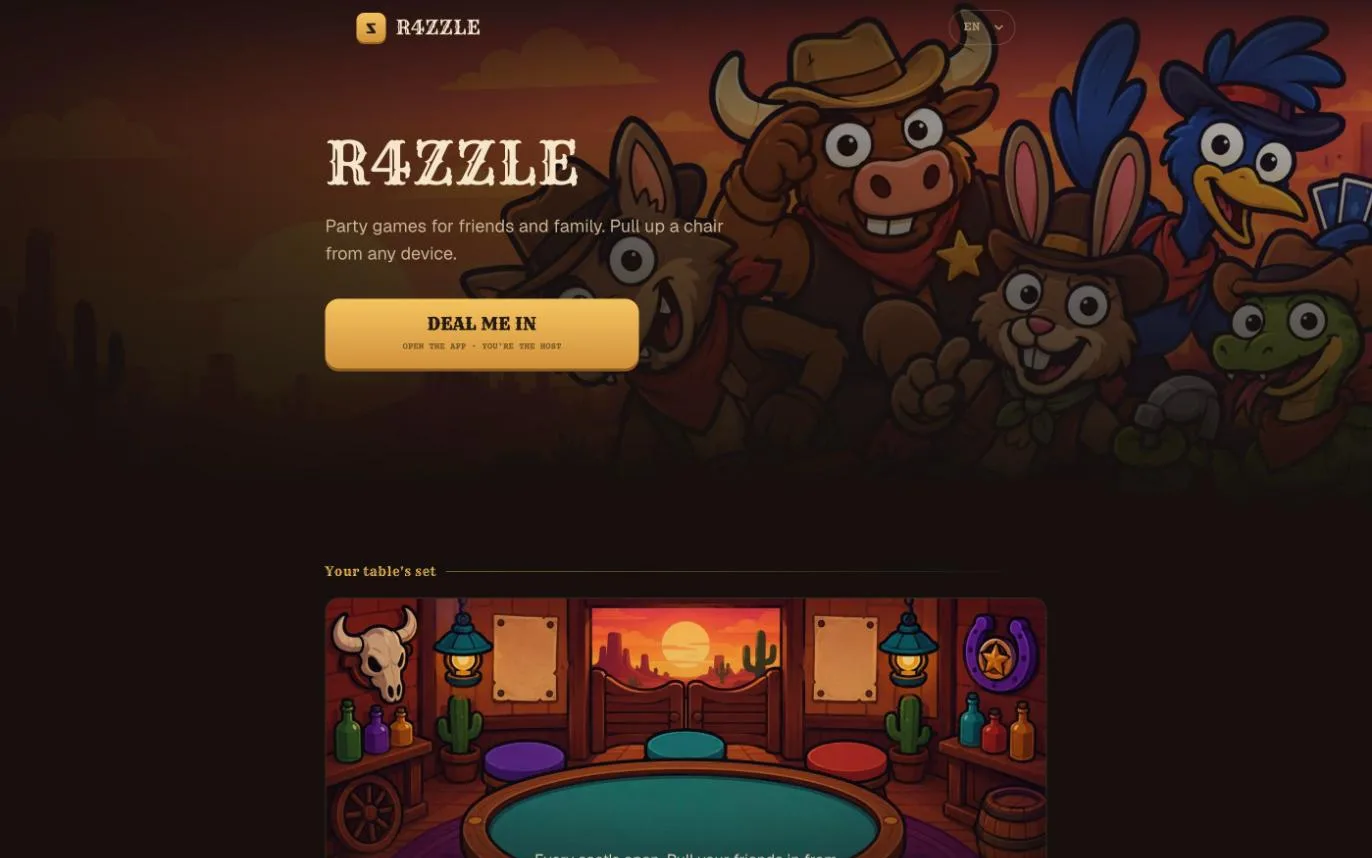 The R4zzle homepage with its saloon cast