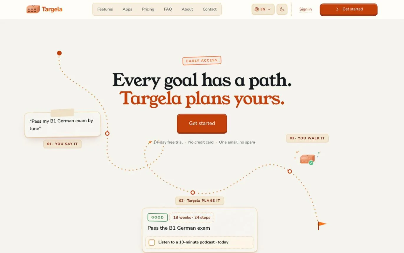 The Targela homepage: every goal has a path, Targela plans yours