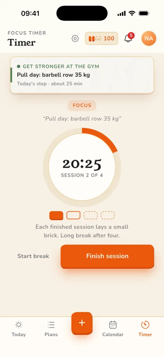 The focus timer running on a plan step